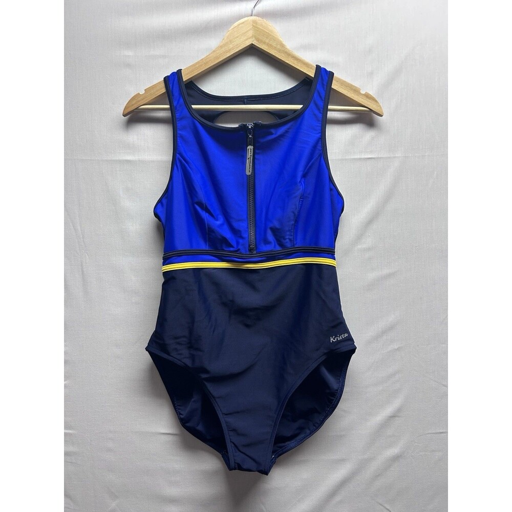 Vintage 90s Y2K Krista Women’s 10 Front Zip Bathing Suit Swimsuit Blue Yellow